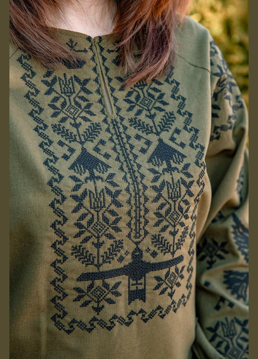 оригинальная вышиванка льняная женская в цвете хаки, современная женская вышивка, женские вышиванки зеленые, 2xl лен (301034701)