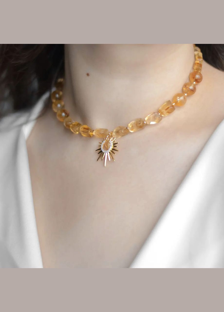 Чокер натуральний камінь Цитрин та Циркон + Підвіска, фур-ра гіп-ний сплав колір золото d-10,5-2мм+- L-36-41см No Brand циркон, цитрин латунь, натуральний камінь, медичний сплав золото (323654087)