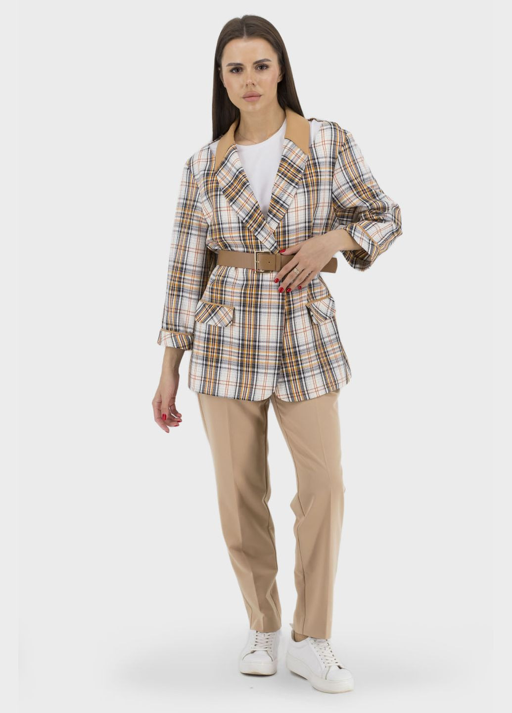 Жіночий класичний піджак в клітинку з поясом, рукав 7/8, без підкладки MAC (коричневий-клітинка, ), 41207 No Brand (331885811)