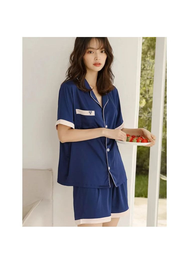 Синяя всесезон атласная пижама сердце прямого кроя с классическим дизайном пижамный комплект с декором в виде сердца рубашка + шорты No Brand Піжама