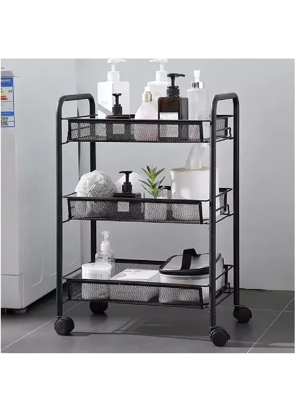 Универсальная многоярусная железная полка на колесах с открытыми ярусами корзинами 3 штуки 65x25x44 см (479822-Prob) Черная Unbranded (324556956)