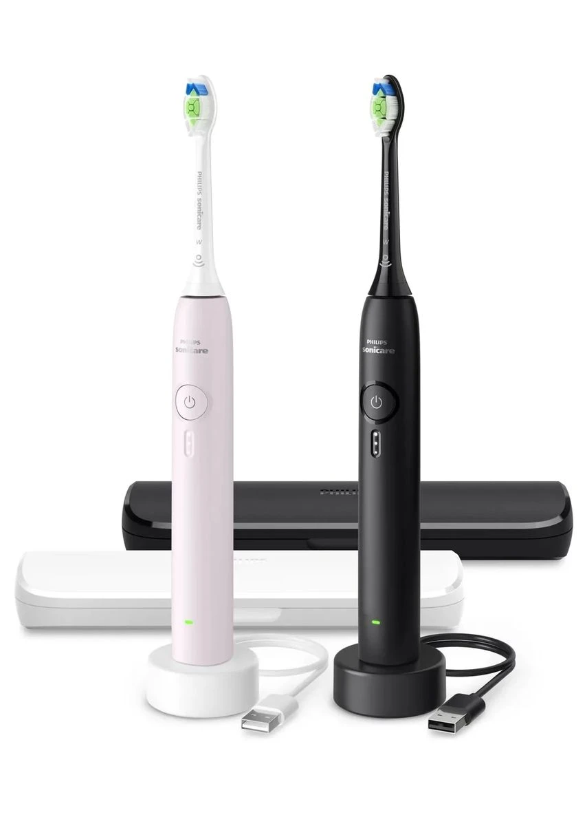 Електрична зубна щітка Sonicare 3100 серії, комплект з 2 штук, чорний і рожевий кольори. Philips (398533426)