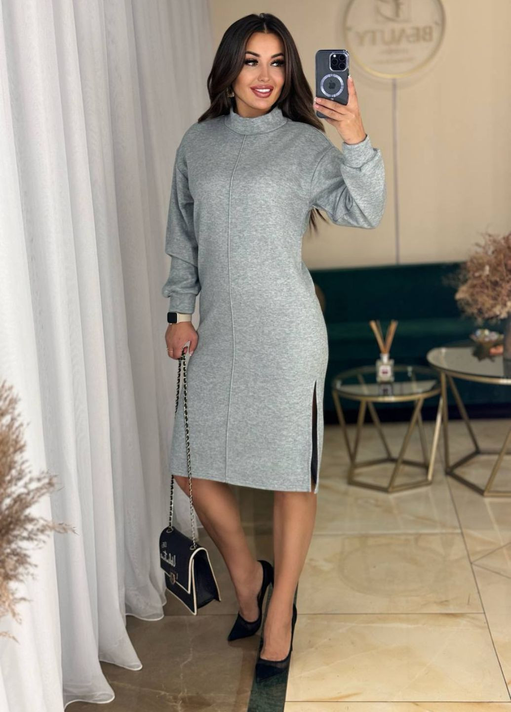 Сіра повсякденний міді сукня з розрізами та поясом Україна меланжева