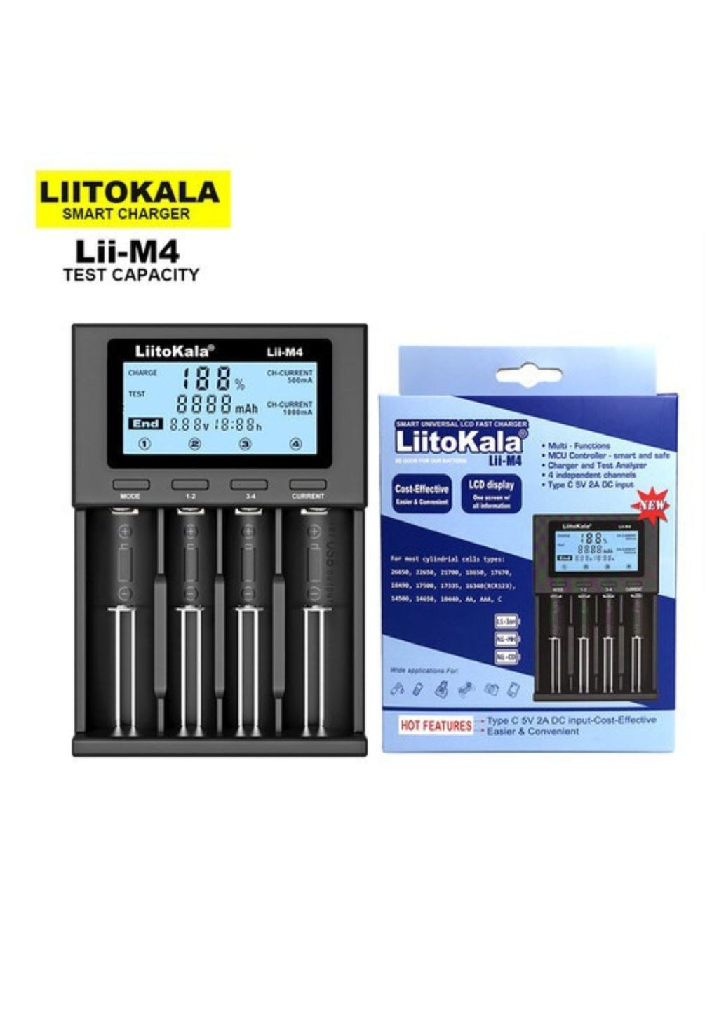LiitoKala Lii-M4 інтелектуальний зарядний пристрій для АА, ААА, 18650,26650 Li-ion, Ni-MH/Ni-Cd No Brand (284177353)
