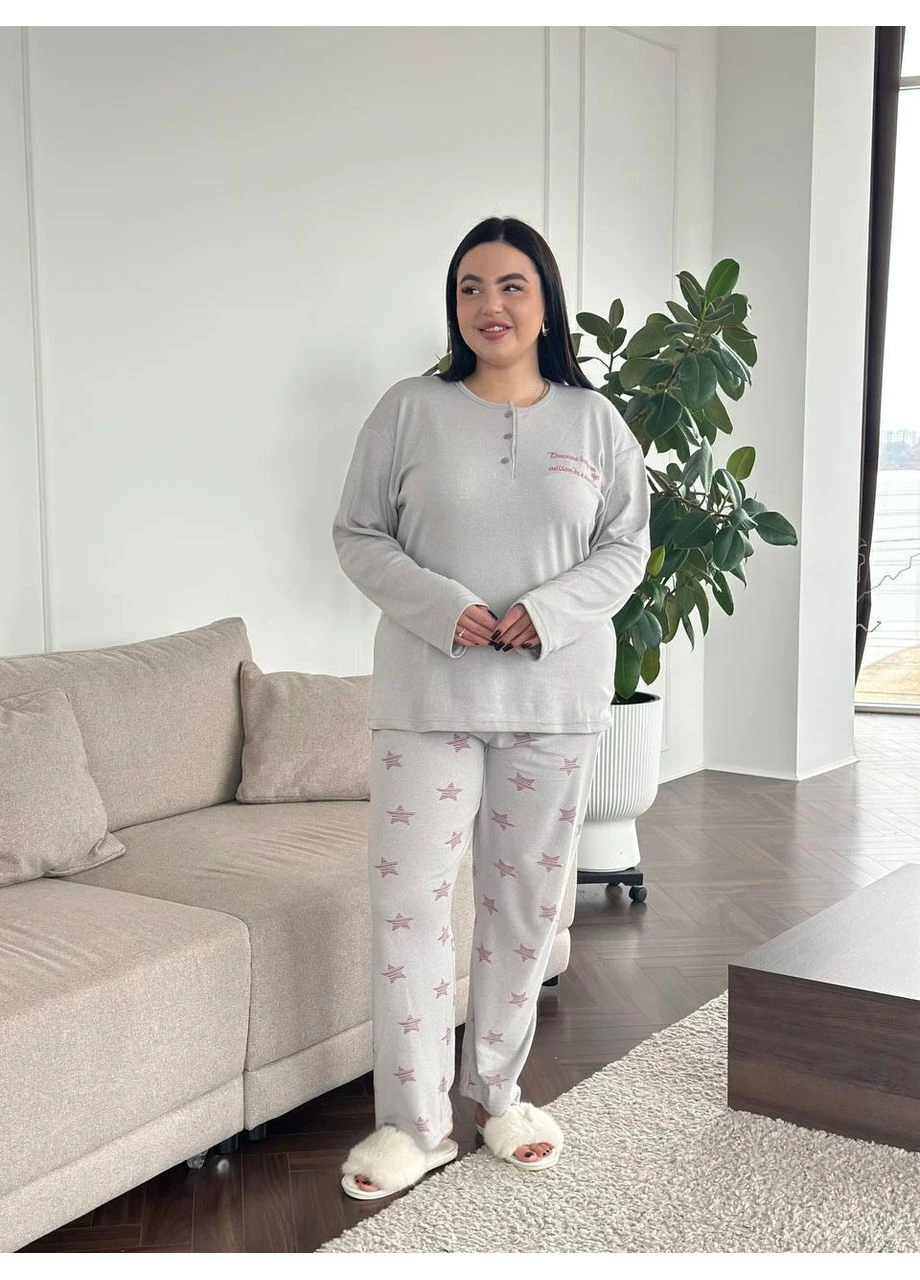 Сіра жіноча піжама plus size мікрофліс світло-сіра, тепла / жіноча піжама великі розміри з м’якого мікрофлісу, кофта+штани No Brand