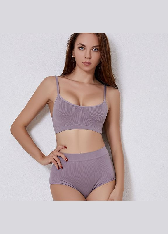 Фиолетовый демисезонный комплект белья женский в рубчик топ бюстгальтер трусы honey fashion accessories s/м бежево-фиолетовый (2-72) No Brand