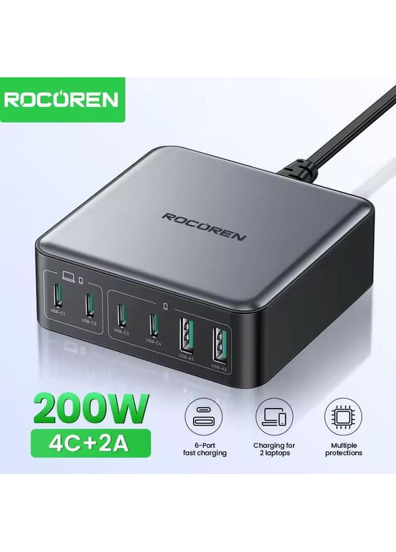 Зарядное устройство 200W GaN 0242 2U+4C black Rocoren (353746264)