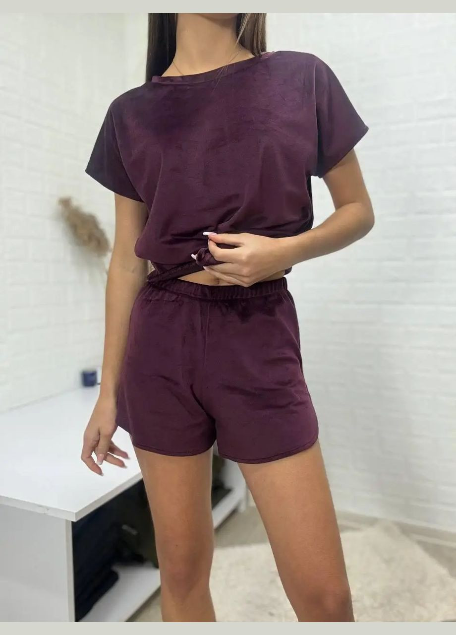 Бордовая всесезон женская пижама "футболка шорты", велюр на х/б основе (плюш), цвет "бордо" т.м. lekol No Brand