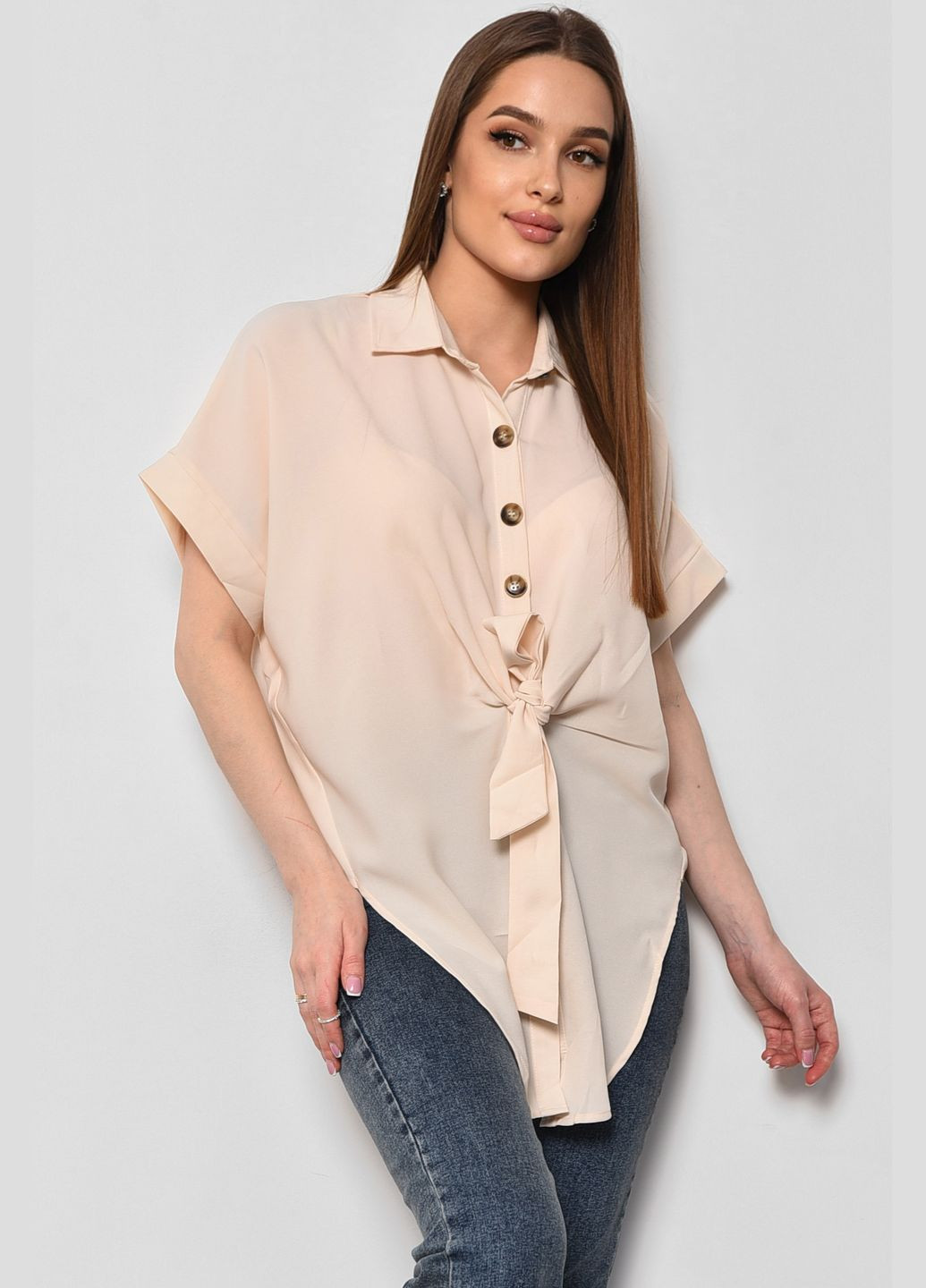 Світло-бежева демісезонна блуза жіноча з коротким рукавом світло-бежевого кольору з баскою Let's Shop