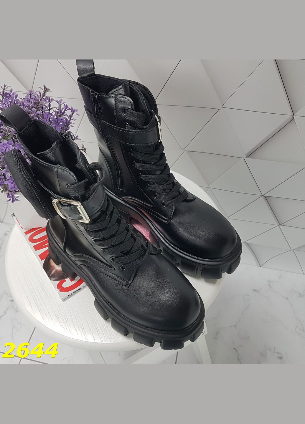 ботинки деми черные на тракторной высокой платформе подошве с сумочкой (23 см) sp-2644 No Brand
