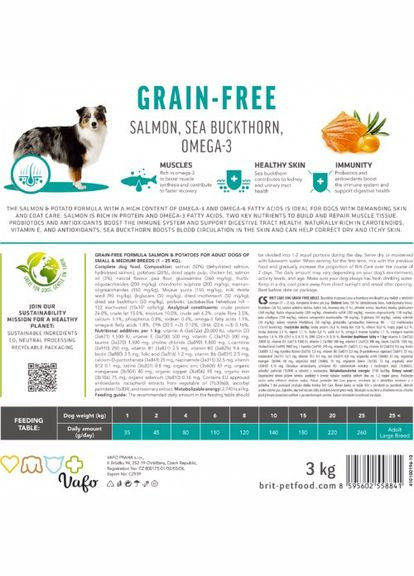 Сухий корм Dog Grain-free Adult для собак малих і середніх порід, беззерновий з лососем, 3 кг (*) Brit Care (323219578)