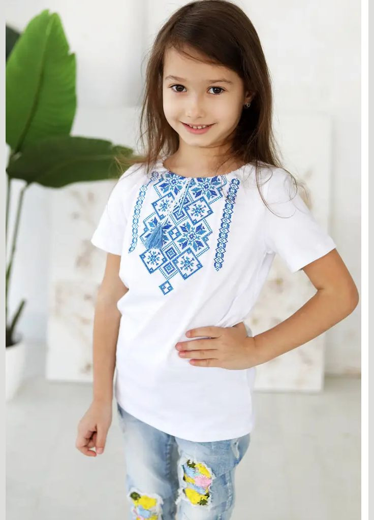 Біла футболка вишиванка дитяча на дівчинку візерунок орнамент трикотаж (296666394)