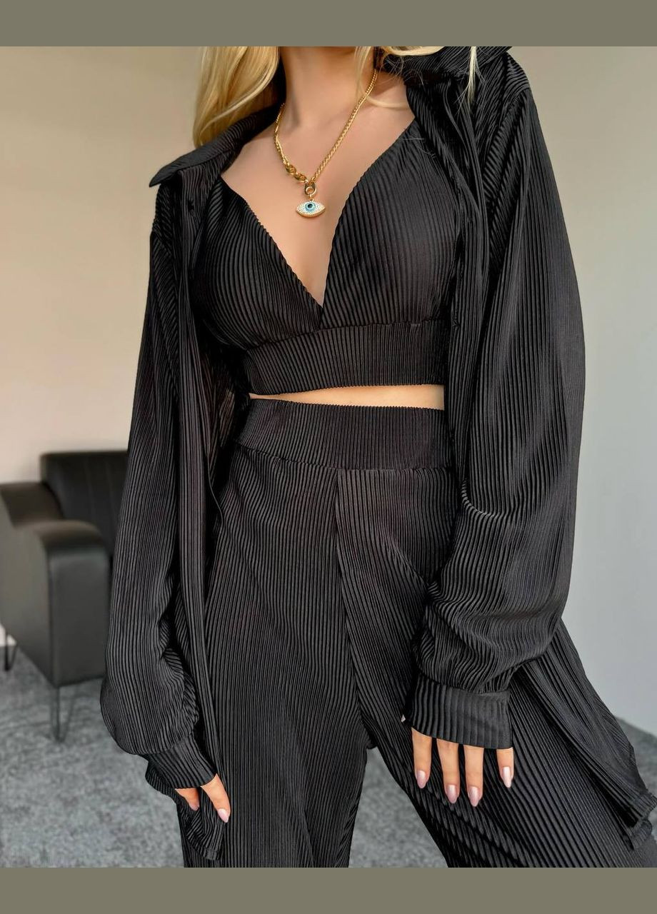 Стильный женский черный костюм тройка рубашка топ брюки качественный трендовый летний No Brand костюм (291418250)