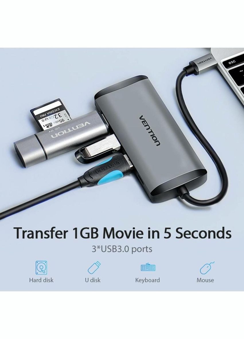 Хаб Type-C to HDMI/USB3.0*3/PD Converter 0.15M Gray Metal Type (CNBHB) Vention (315603161)