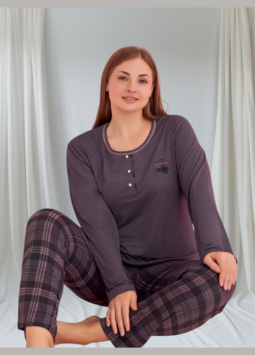 Сіра всесезон піжама жіноча, домашній костюм штани та кофта довгий рукав батал (великі розміри) сіра Lana