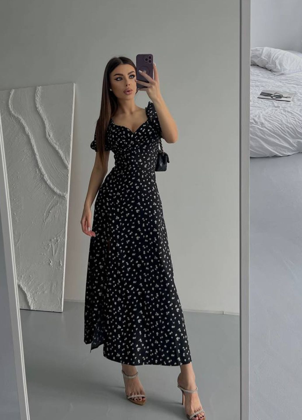 Черное повседневный платье макси с разрезом на ножке а-силуэт Tik-Tak с цветочным принтом
