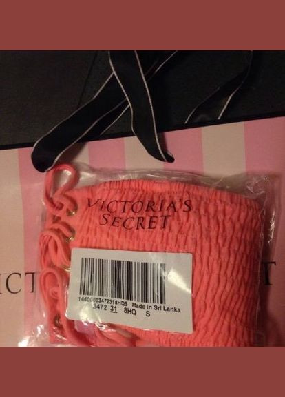 Персиковый летний купальник женский бандо smocked lace-up bandeau neon nectar (размер s) Victoria's Secret