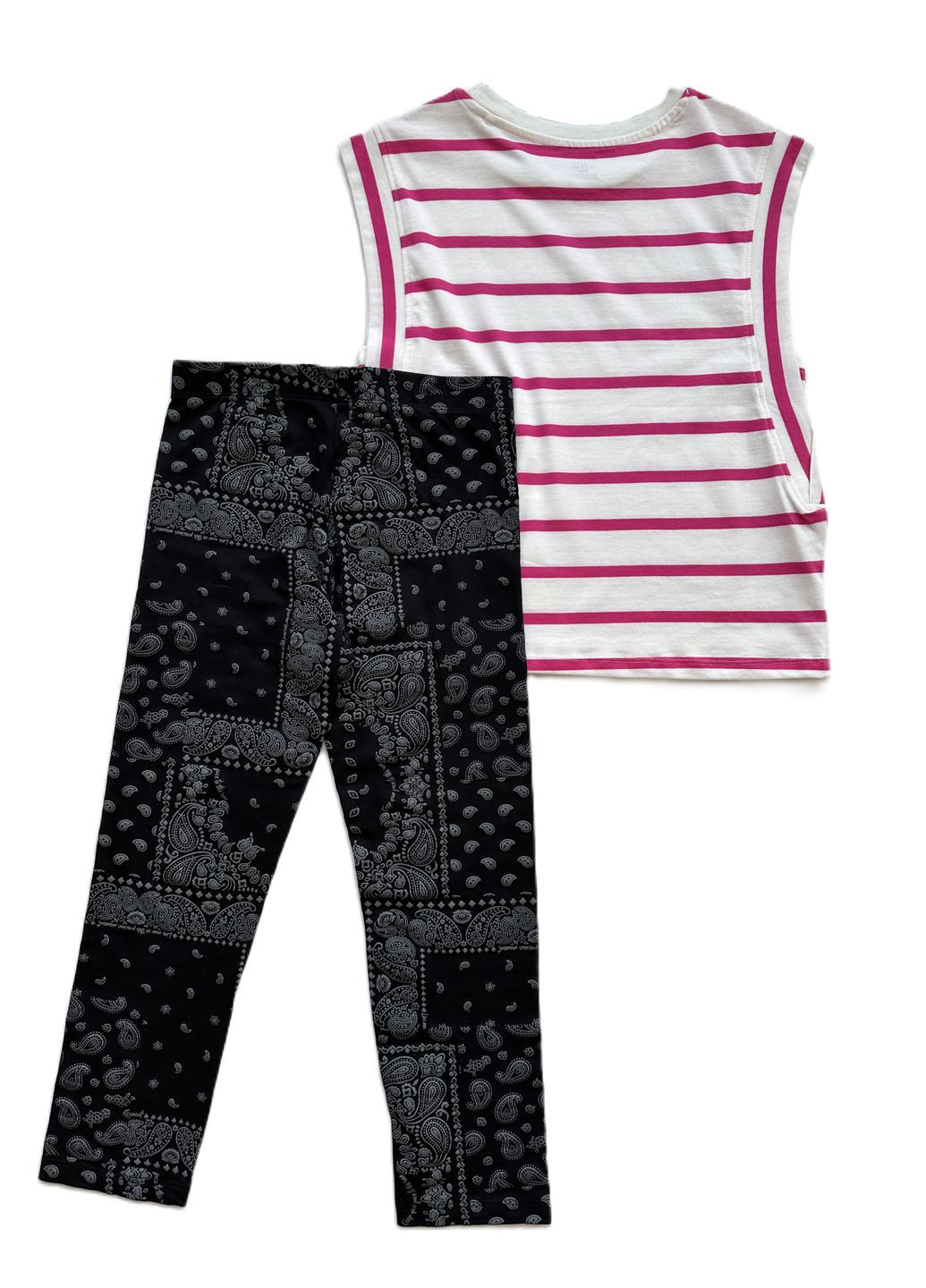 Розовый летний комплект для девочки футболка полосатая бело-розовая 2000-74 + леггинсы черные трикотажные 2000-79 (158 см) OVS