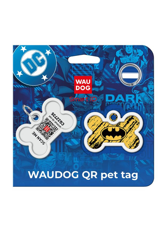 Адресник для собак і котів металевий Smart ID з QR паспортом, малюнок "Бетмен ескіз", кістка, 40х28 мм WAUDOG (349225890)
