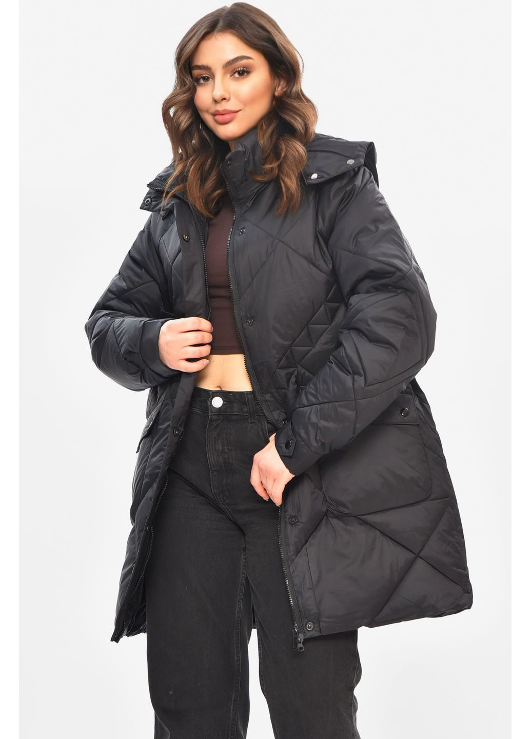 Чорна демісезонна куртка жіноча демісезонна напівбатальна чорного кольору Let's Shop