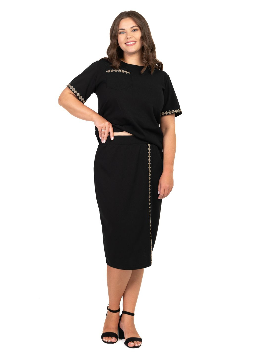 Костюм-двойка с юбкой Грация (черный с песочной вышивкой) Golfstream (335814313)