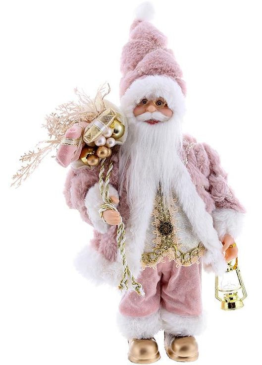 Новогодняя фигура Санта Клаус с Подарком и Фонарем 30см розовая рождественская декорация для дома фигурка для праздника BonaDi (368987795)
