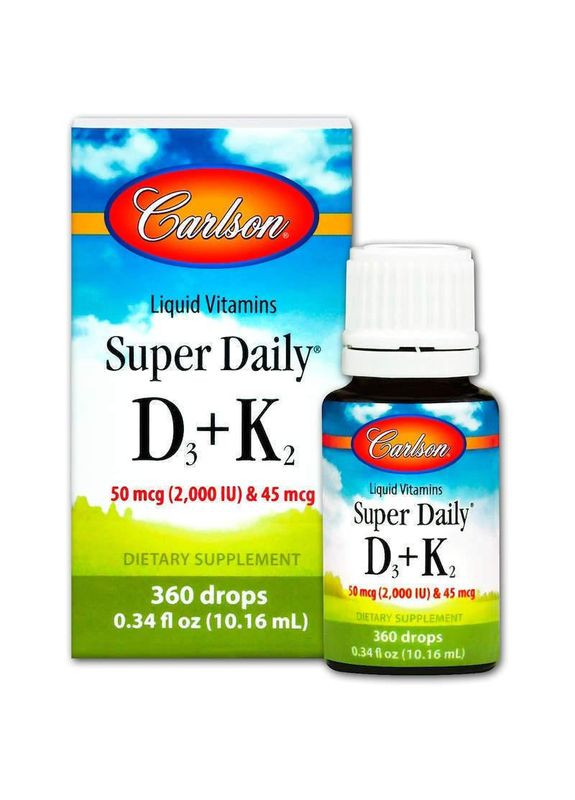 Вітамін D3 і вітамін К-2, Super Daily D3 + K2, Carlson, рідина, 50 мкг (2000 МО) і 45 мкг, 10,16 мл Carlsson (369164594)