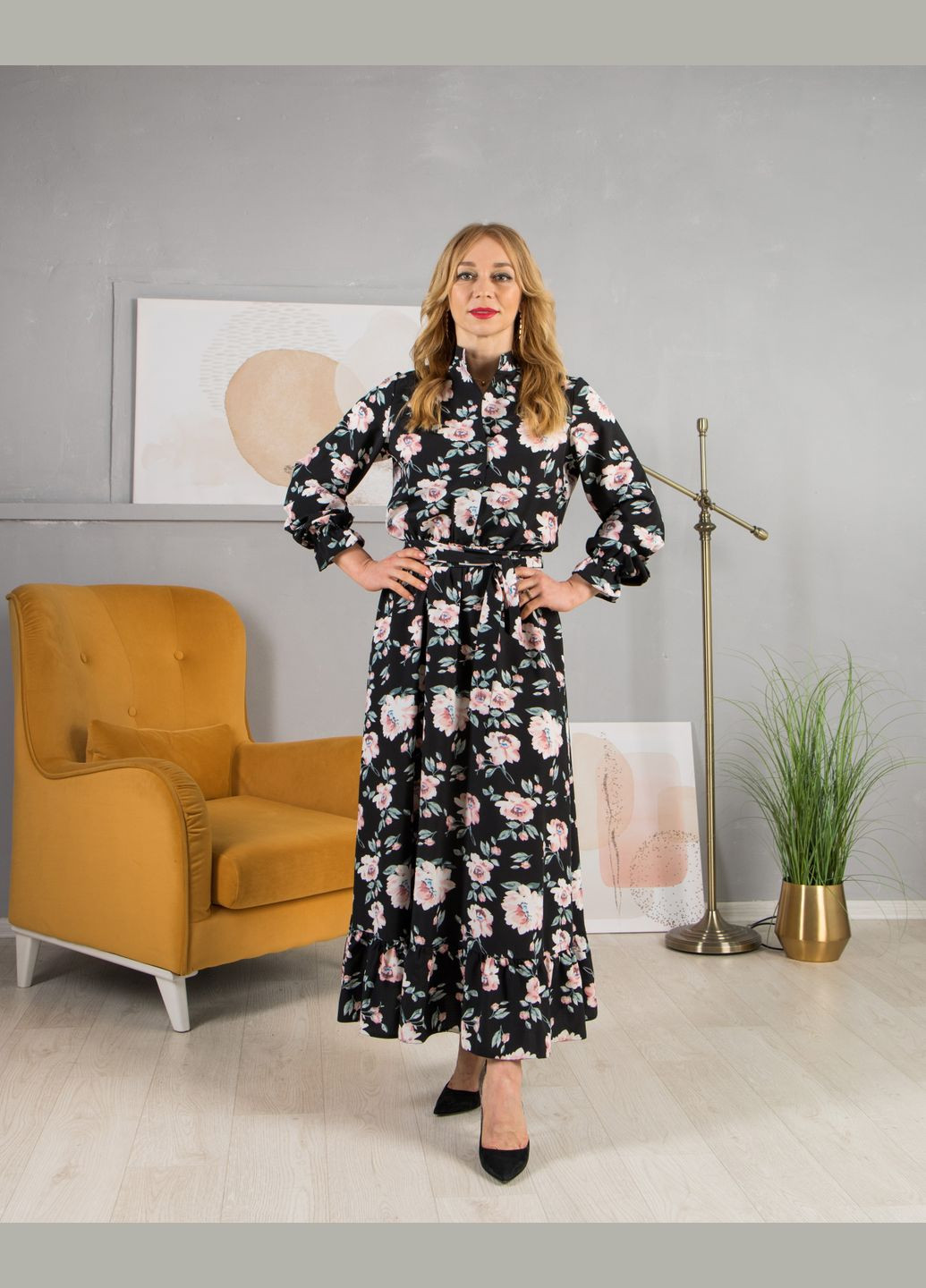 Черное летнее длинное платье 770со молочное. No Brand с цветочным принтом