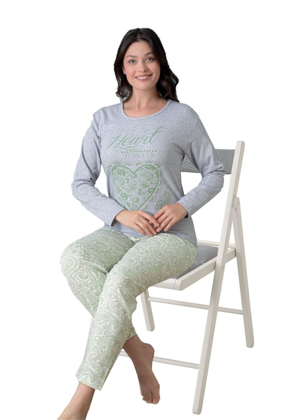 Серая пижама женская теплая хлопок футер лонгслив + брюки Ruyam