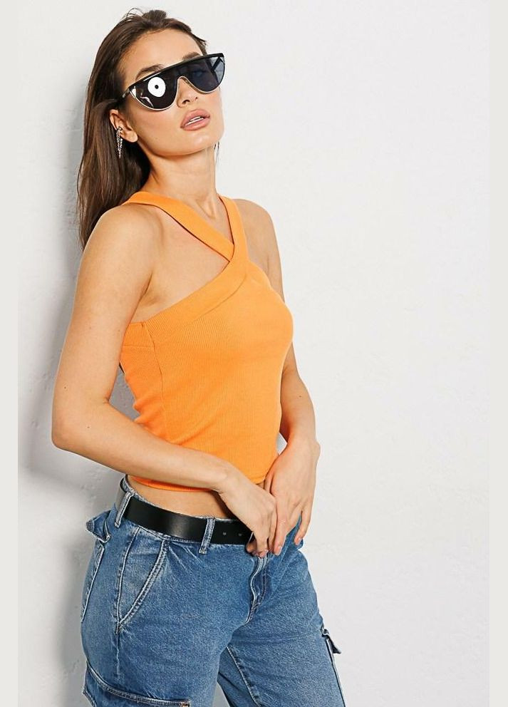 Кроп-топ женский с бретелями через шею трикотажный оранжевый MKAR69043-3 Modna KAZKA — 336932020