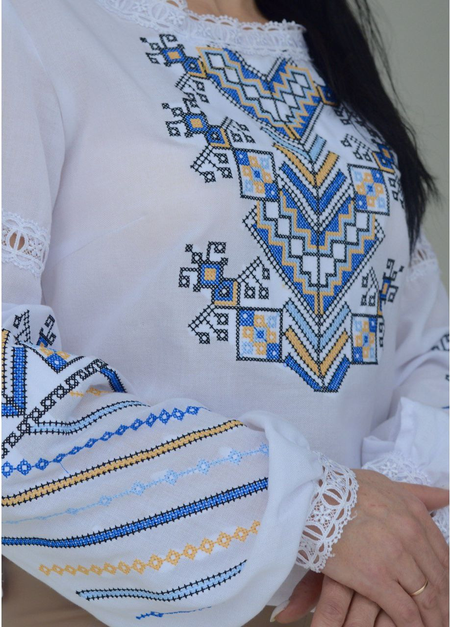 Біла модна жіноча вишиванка білого кольору на довгий рукав візерунок геометричний пряма домоткане полотно (355463844)