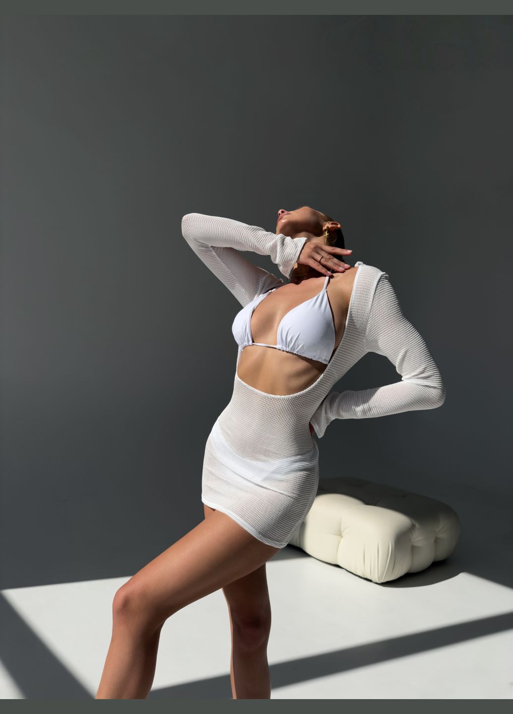 Белый летний полноценный пляжный образ - туника, лиф, трусики раздельный No Brand