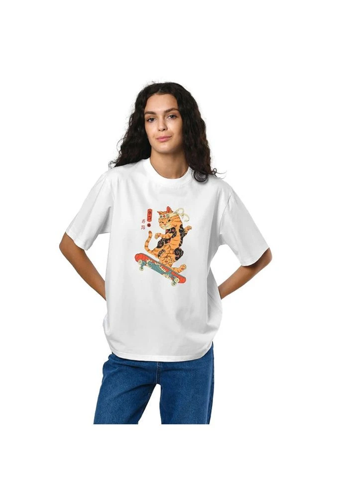 Футболка женская белая с принтом Cat Skate Oldcom PODE - (401546710)