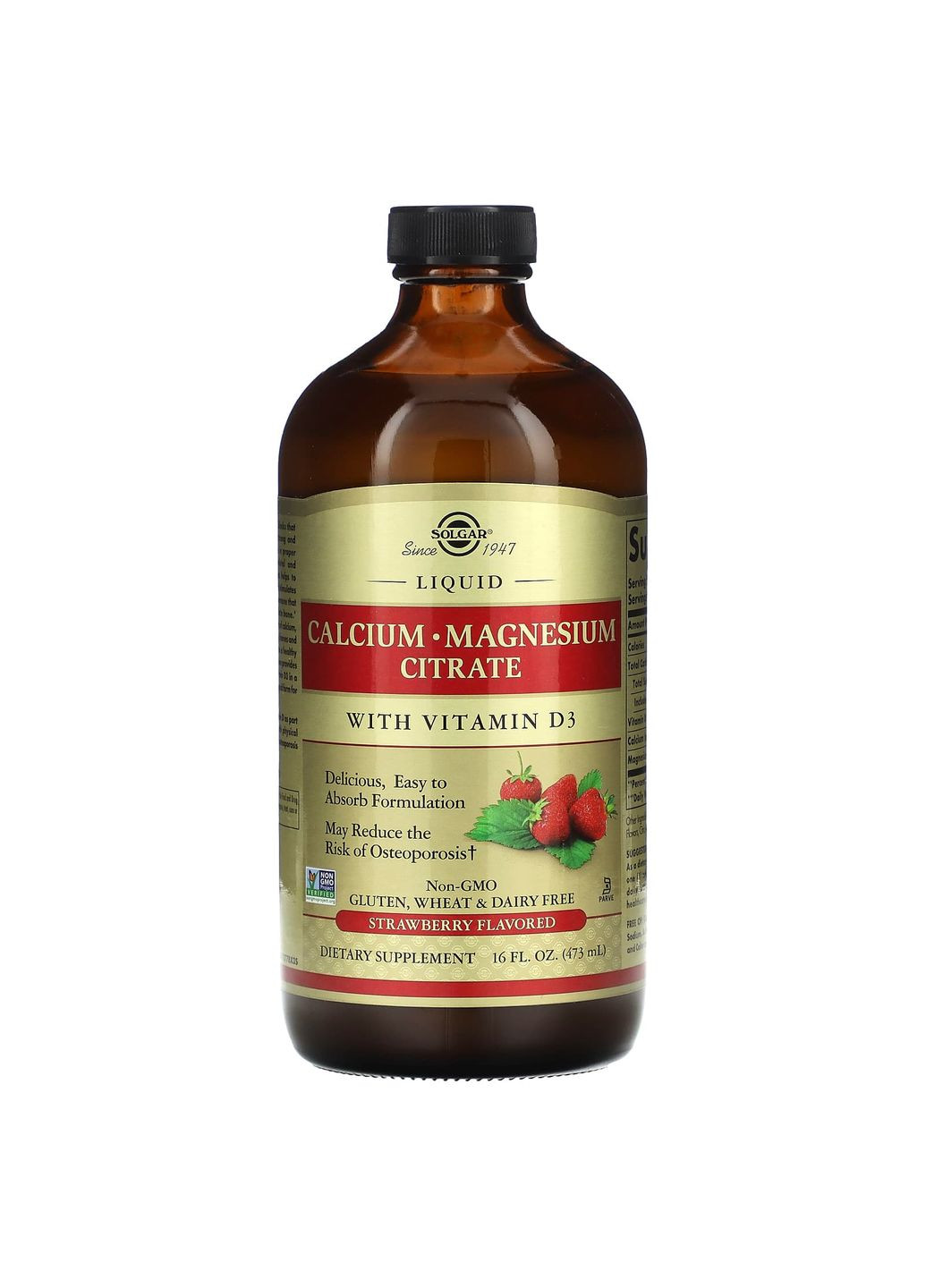 Кальций магний D3, Calcium Magnesium Vitamin D3, вкус клубники, цитрат, жидкий, 473 мл. Solgar (322284499)