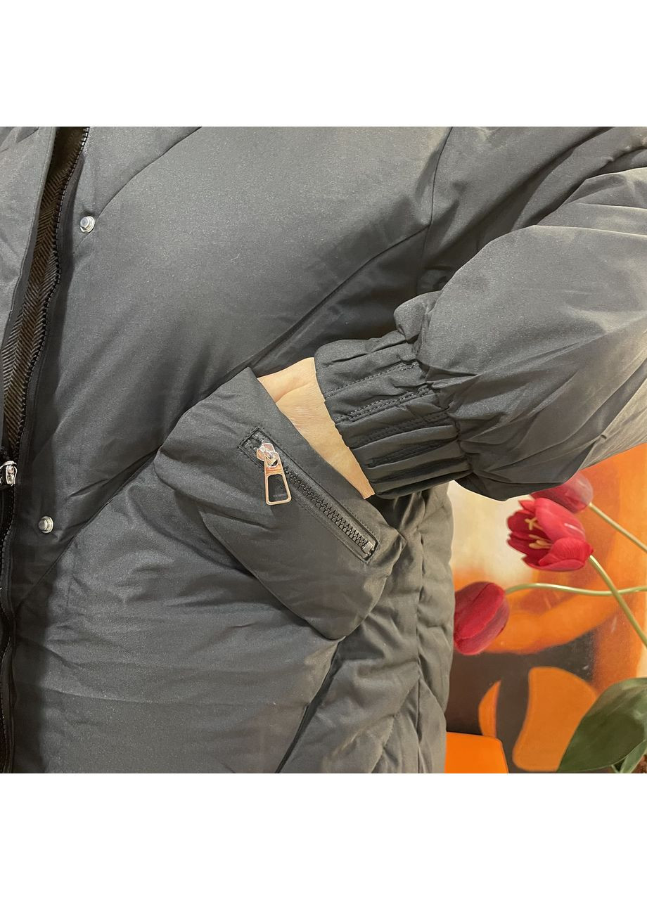 Черная зимняя куртка женская зимняя удлинённая с капюшоном стойкой l чёрная TRG