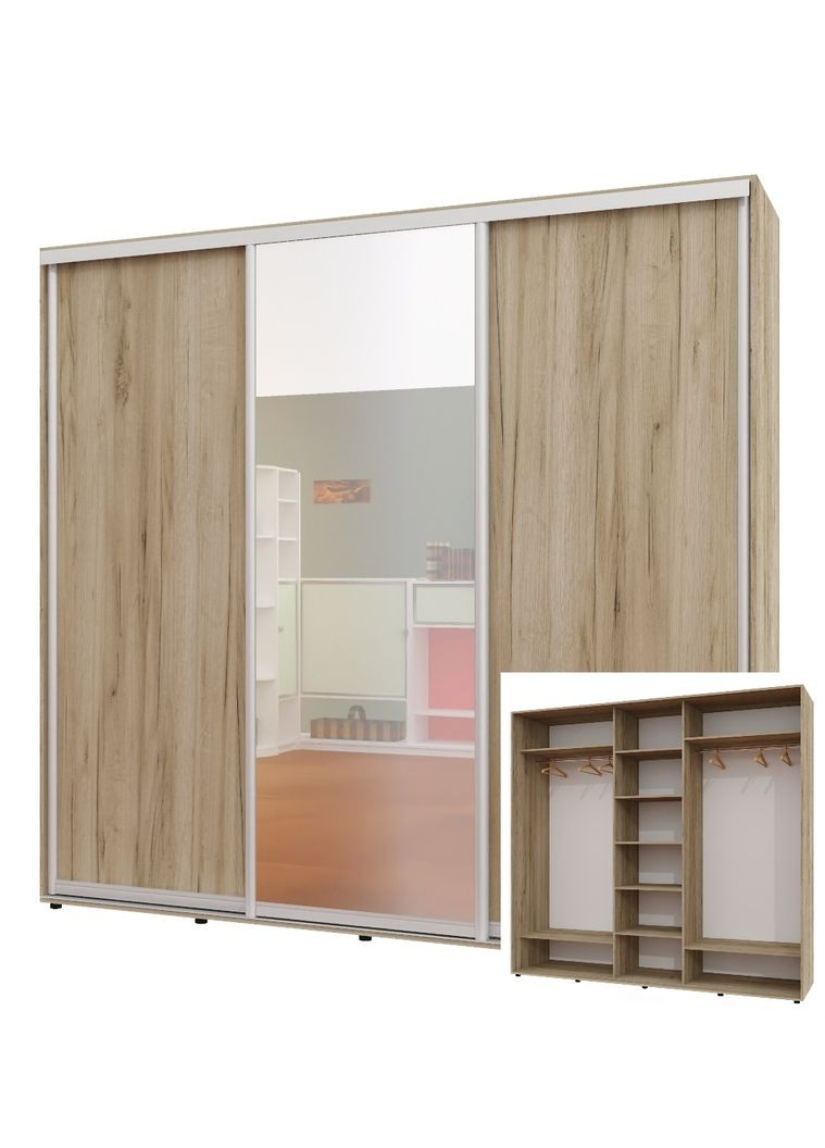Шафа-купе тридверна 240*60*230 см Дуб крафт сірий 3 двері ДСП + Дзеркало + ДСП ШК-04 Алекса (360477067)