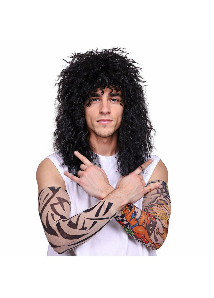 Перука чорна кучерява довга в стилі ретро рок зірки 80-х 90-х, з тату рукавами, для косплею вечірок зміни образу Хелловіну No Brand (366422034)