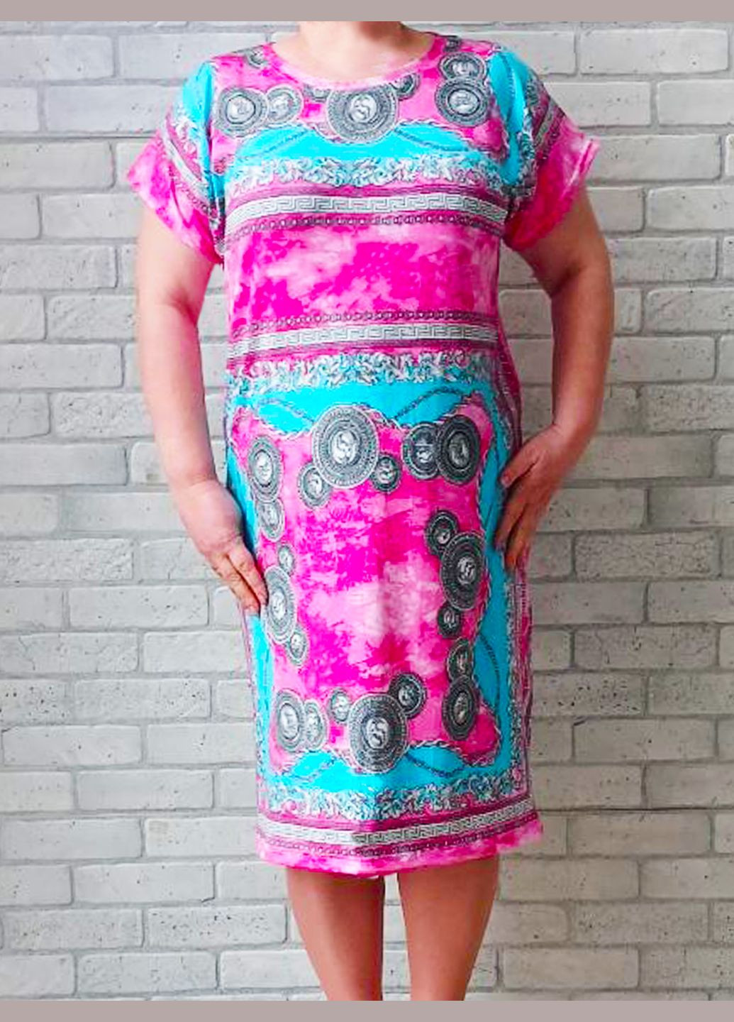 Рожева повсякденний сукня жіноча для літа оверсайз, знаки зодіаку вільного крою, бамбук віскоза, коралова абстракція. No Brand з абстрактним візерунком