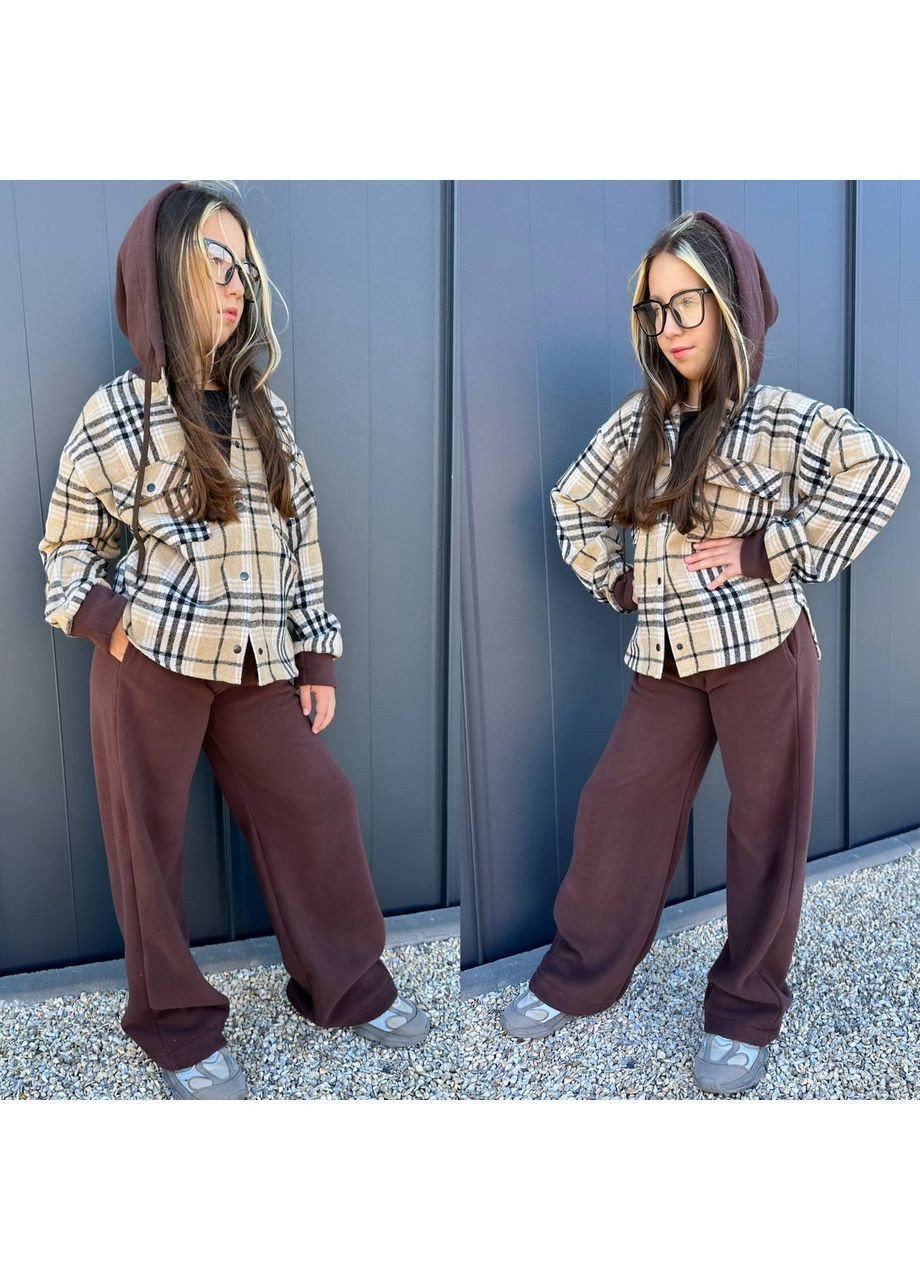 Коричневый костюм детский для девочки теплый брюки карго /палаццо и рубашка в клетку с капюшоном No Brand