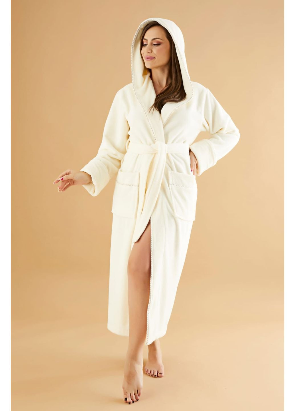 Халат женский хлопок/бамбук модель с капюшоном кремовый, s Nusa 6890 (365549181)