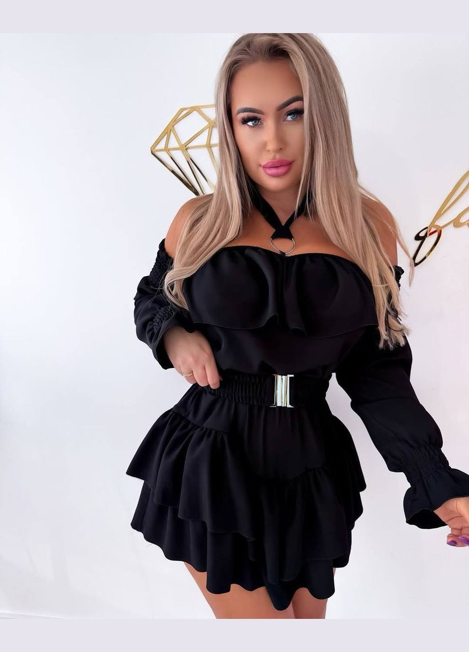 Черное женское платье свободного кроя на резинке с поясом No Brand