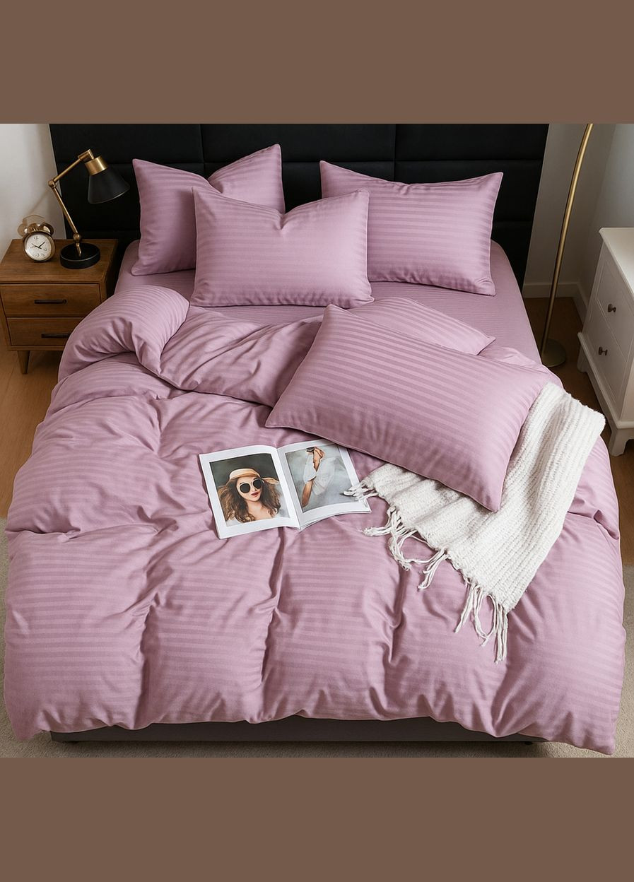 Комплект постільної білизни сімейний на резинці Рожевий Страйп сатин 55009 Ananasko (345123388)