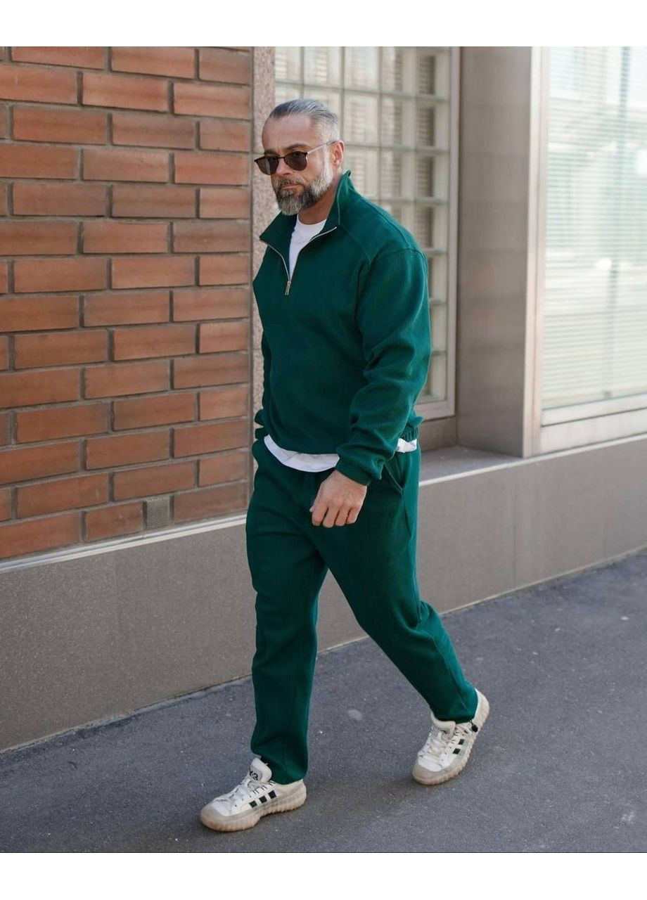 Пляшковий зелений зимній чоловічий теплий костюм з вельвету на флісі брючний No Brand