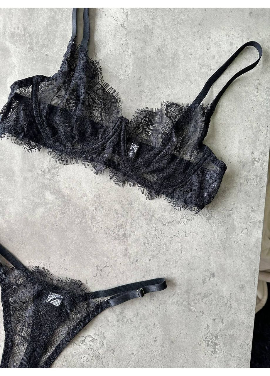 Чорний балконет комплект жіночого білизни | з мережива з трусиками високою посадкою, чорний Vital-Textile з кісточками поліестер, еластан