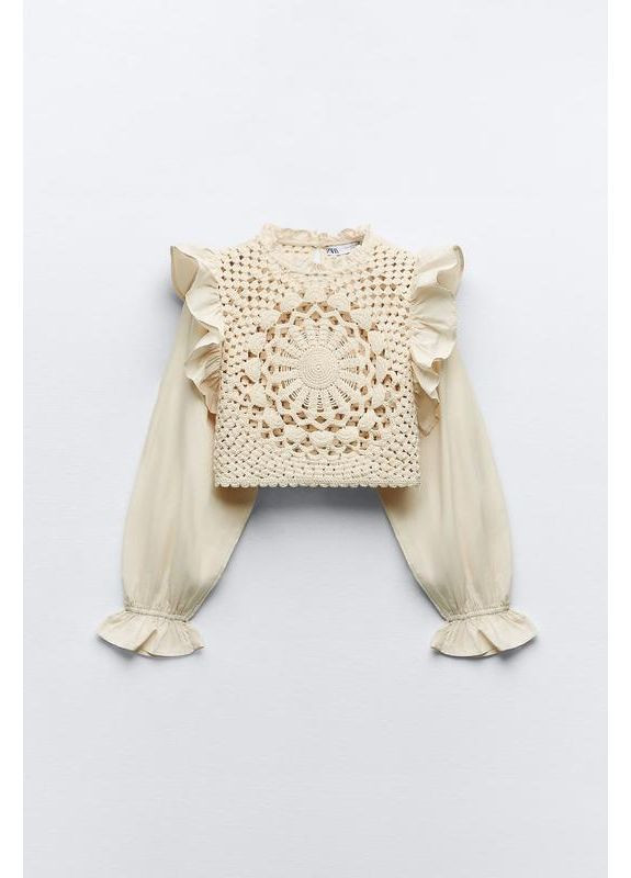 Бежева контрастний трикотажний топ із рукавами та воланами Zara