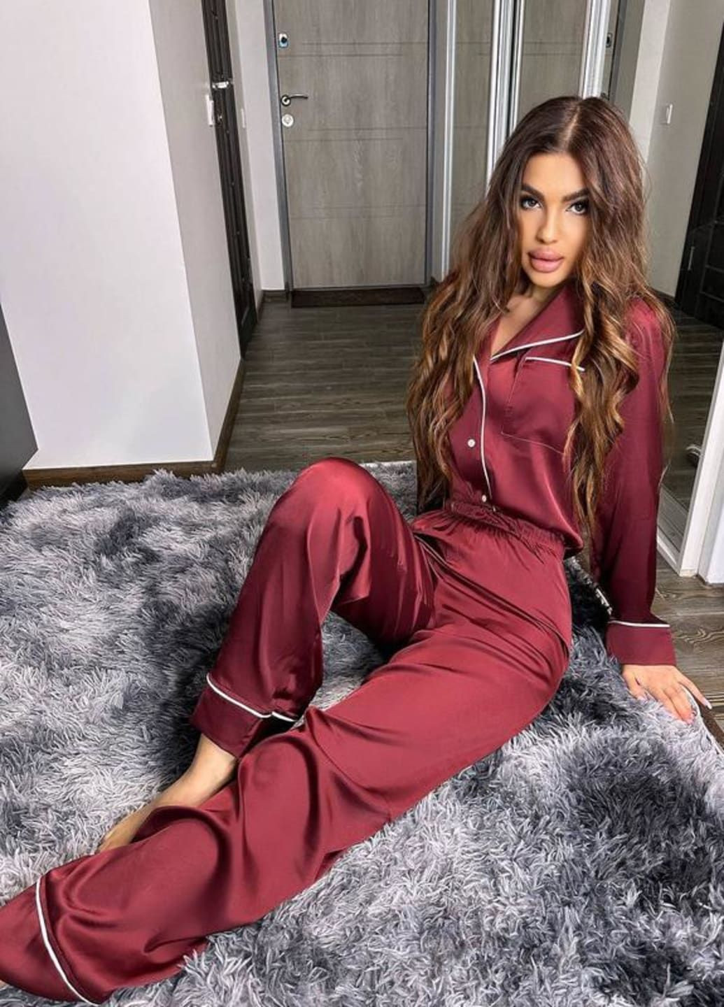 Бордовая всесезон шелковый пижамный комплект для сна и дома, пижама женская двойка из шелка. No Brand