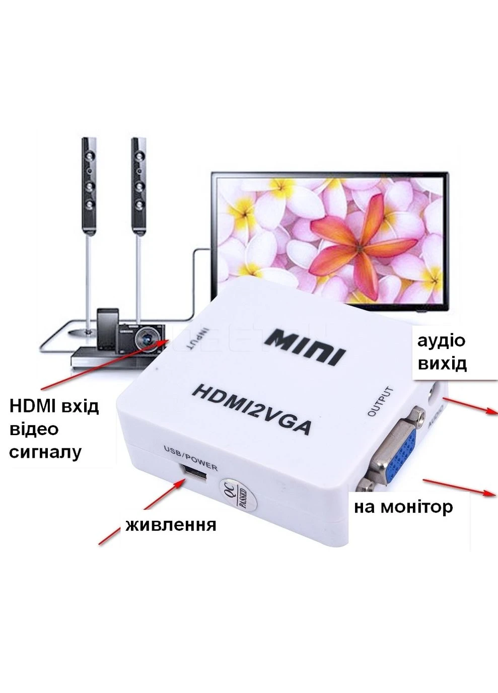 Конвертер переходник с HDMI на VGA, +ЗВУК +питание, адаптер No Brand (384678077)