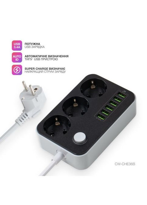 Мережевий фільтр Colorway CW-CHЕ36B, 3 розетки/6USB Black 1.8M (268143139)