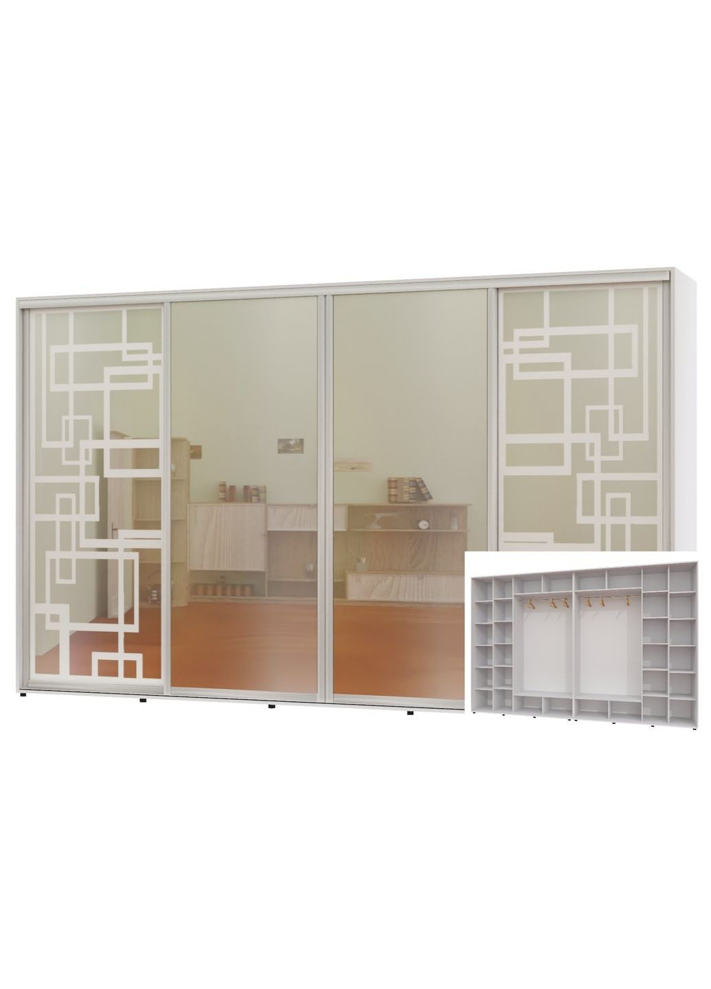 Шкаф-купе четырехдверный 390*60*250 Белый 2 Зеркала с пескоструйным рисунком/2 Зеркала Алекса (360460530)