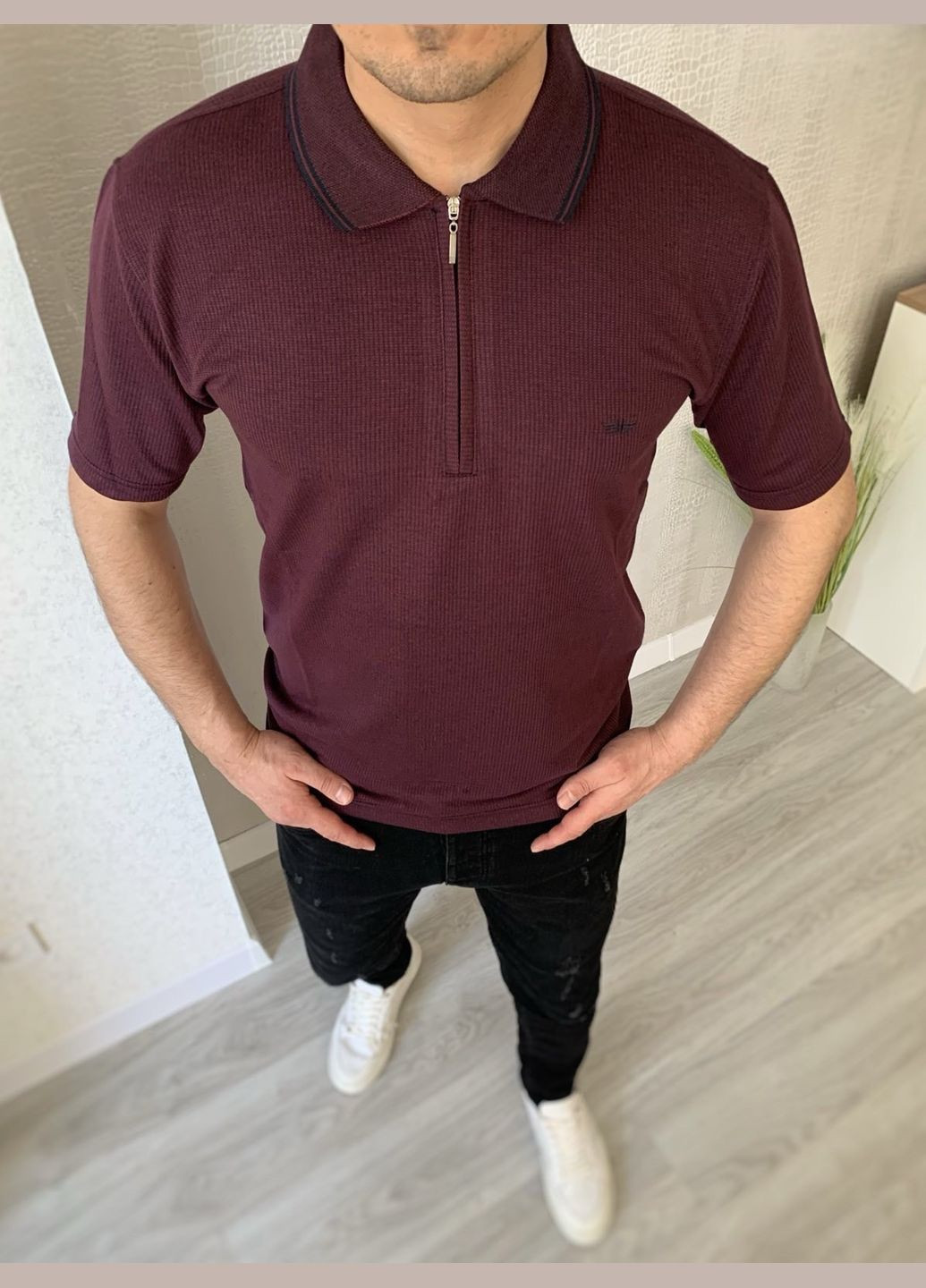 Бордовая футболка-футболка поло мужская для мужчин No Brand однотонная